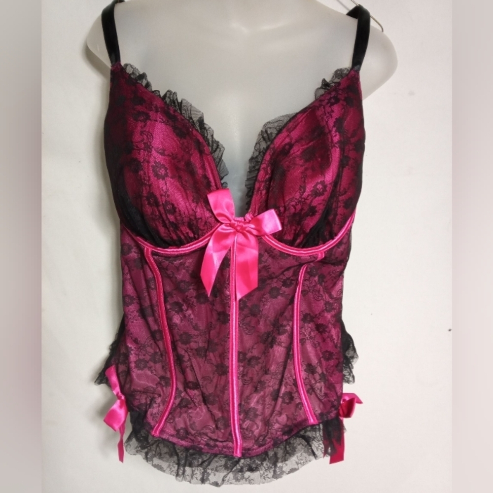 Pink Black Lace Lingerie Chemise Bustier Style Bow Detail SZ 22/24